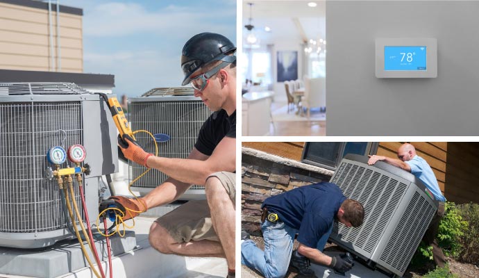 Collage of AC maintenance services with thermostat adjustment