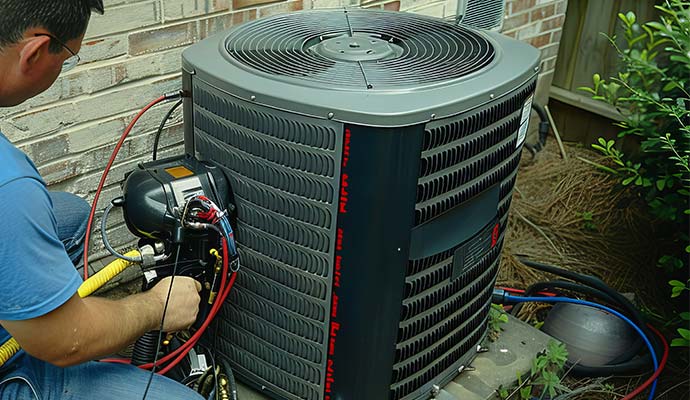 An HVAC technician is repairing outdoor ac condenser unit